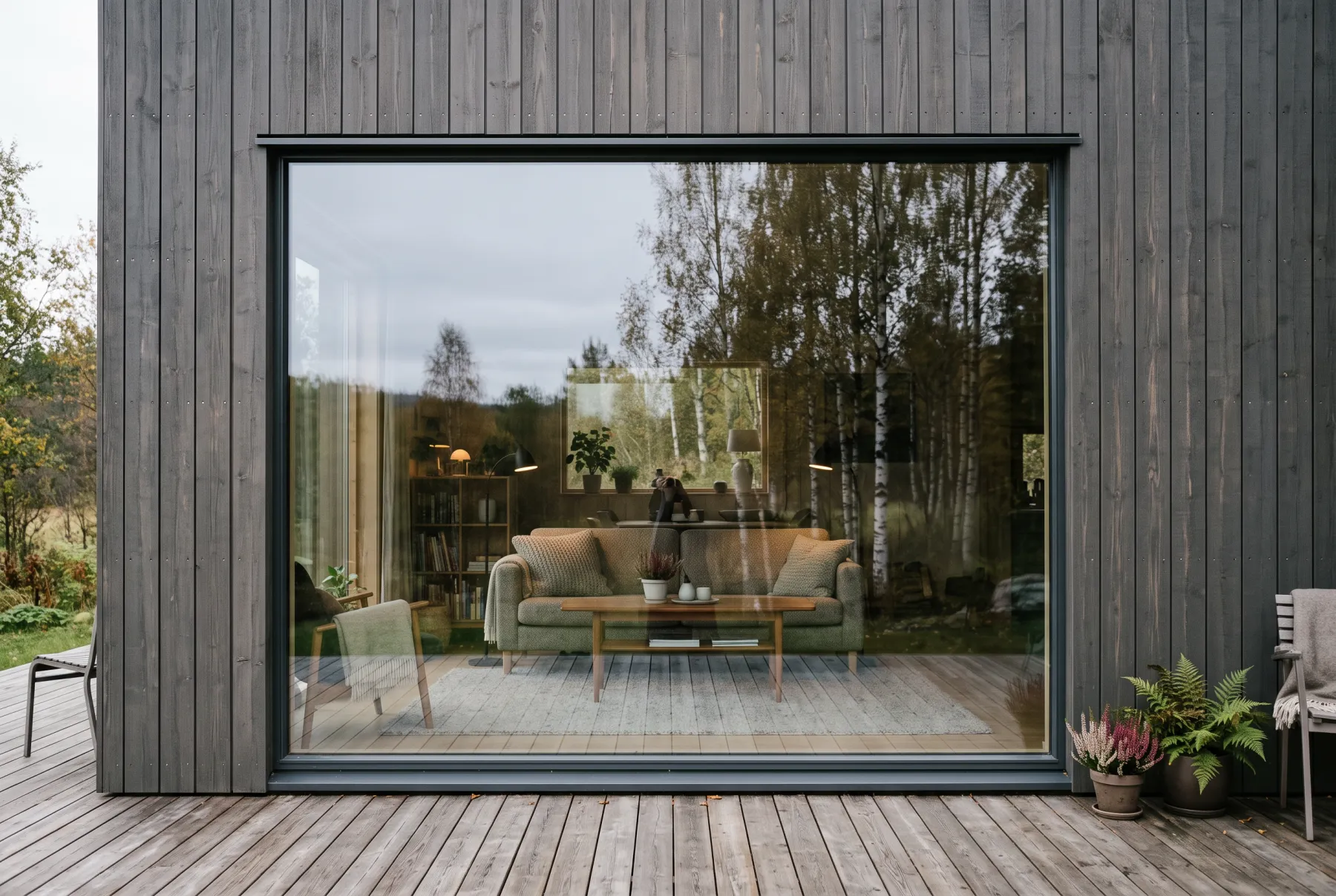 Nyvasket panoramavindu, stua er tydelig gjennom glasset