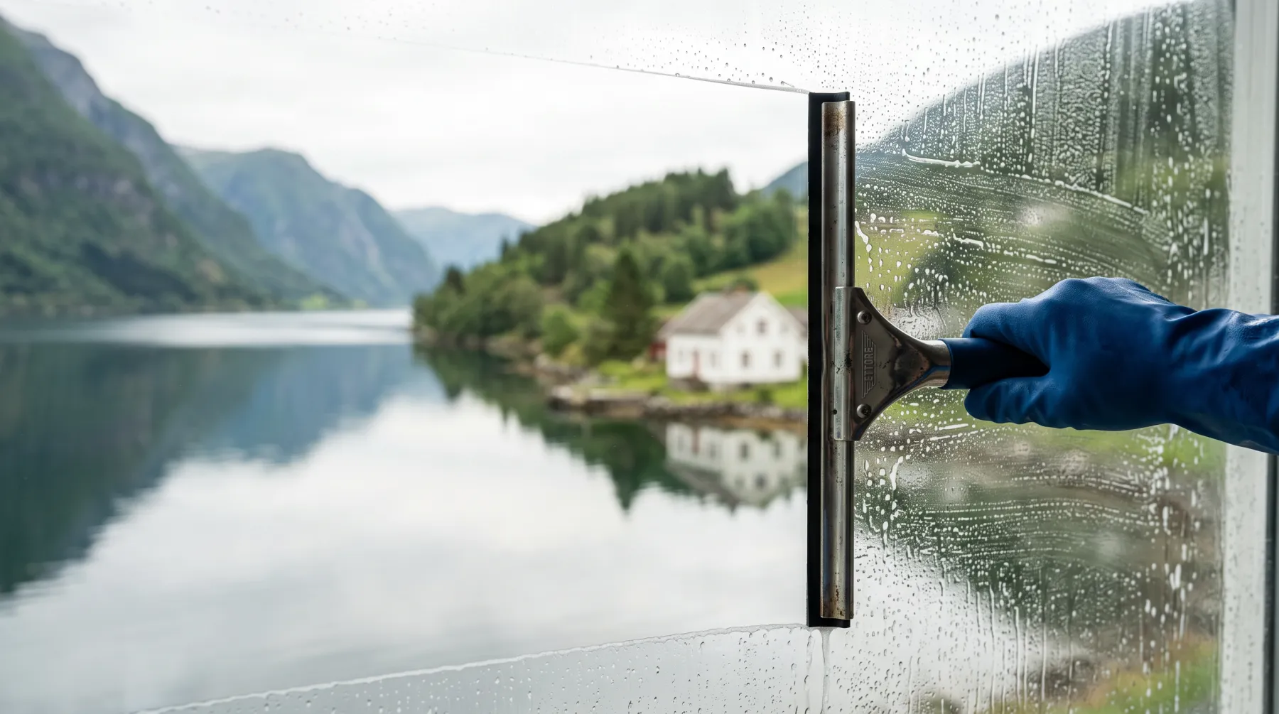 Nal som trekker ett rent drag over glasset, med fjorden i refleksjonen