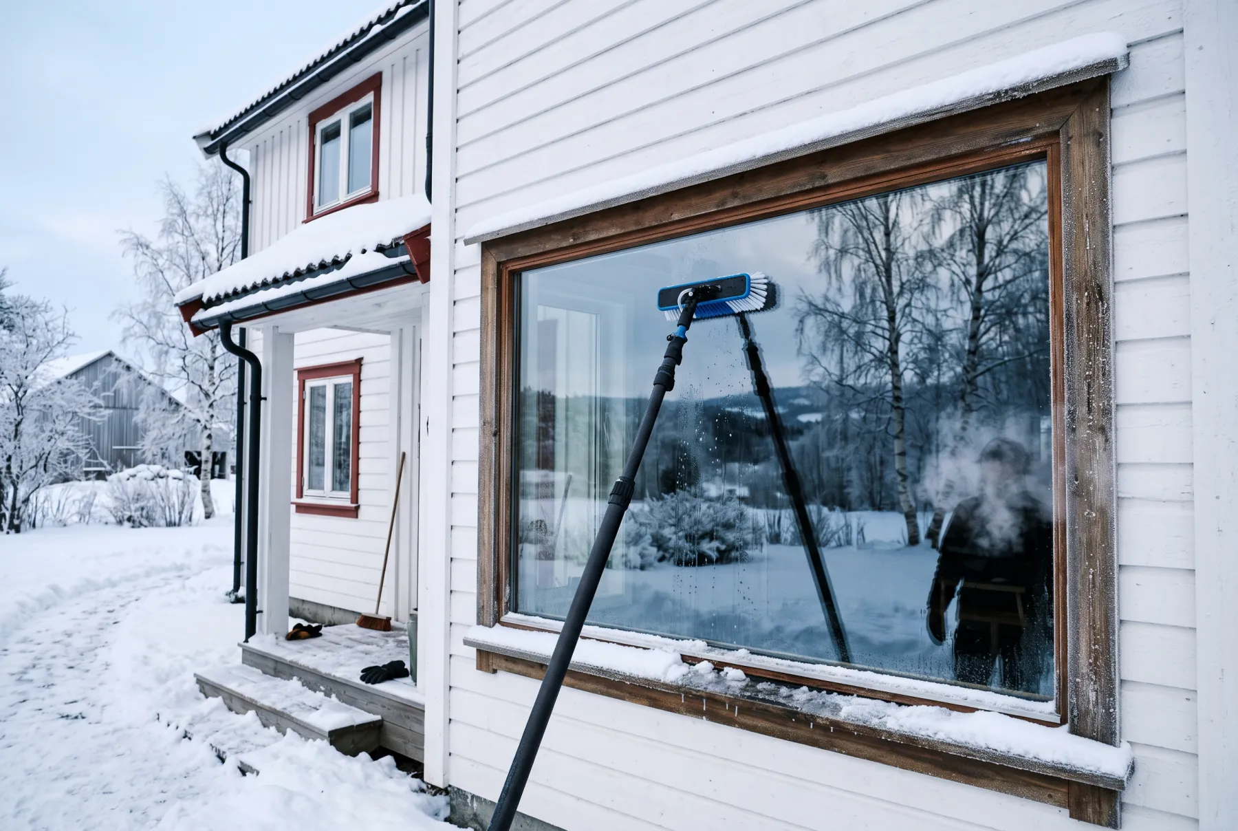 Nyvasket vindu på hvit trevilla i vintersol, stang med børste mot glasset